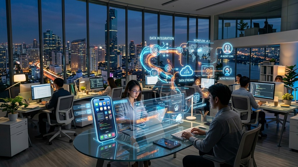 ภาพจำลองที่ทำงานดิจิทัลยุคใหม่ที่มีระบบ AI Agent ทำงานอัตโนมัติร่วมกับมนุษย์
