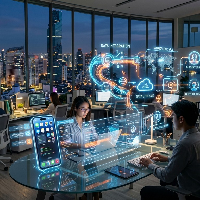 ภาพจำลองที่ทำงานดิจิทัลยุคใหม่ที่มีระบบ AI Agent ทำงานอัตโนมัติร่วมกับมนุษย์