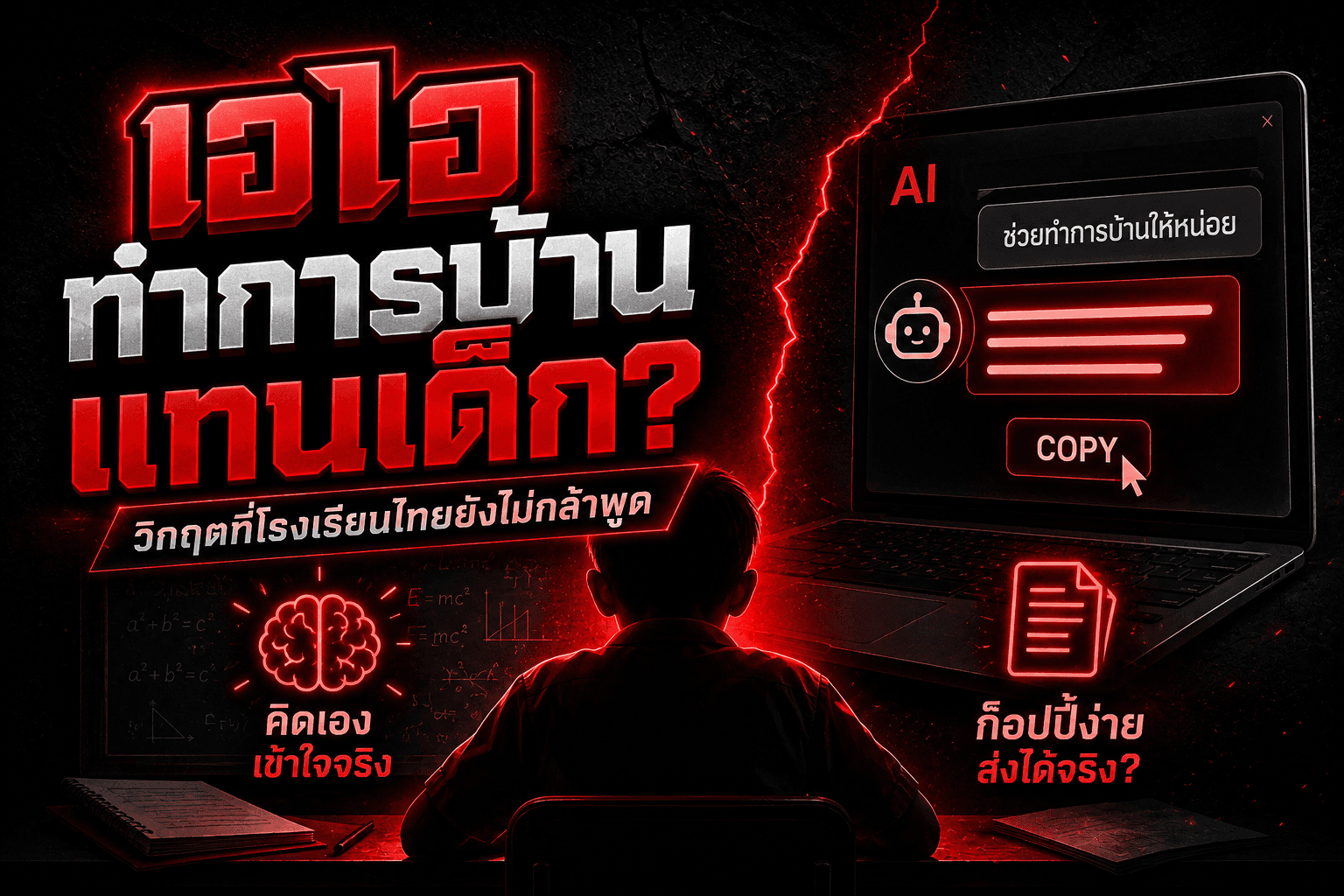 ภาพกราฟิกแสดงอุปกรณ์แท็บเล็ตและสมุดเรียนเรืองแสงขึ้นท่ามกลางสภาพแวดล้อมห้องเรียนยามค่ำคืนที่มีอนุภาคพลังงานลอยขึ้นเป็นโครงสร้างวิทยาศาสตร์ลื่นไหล