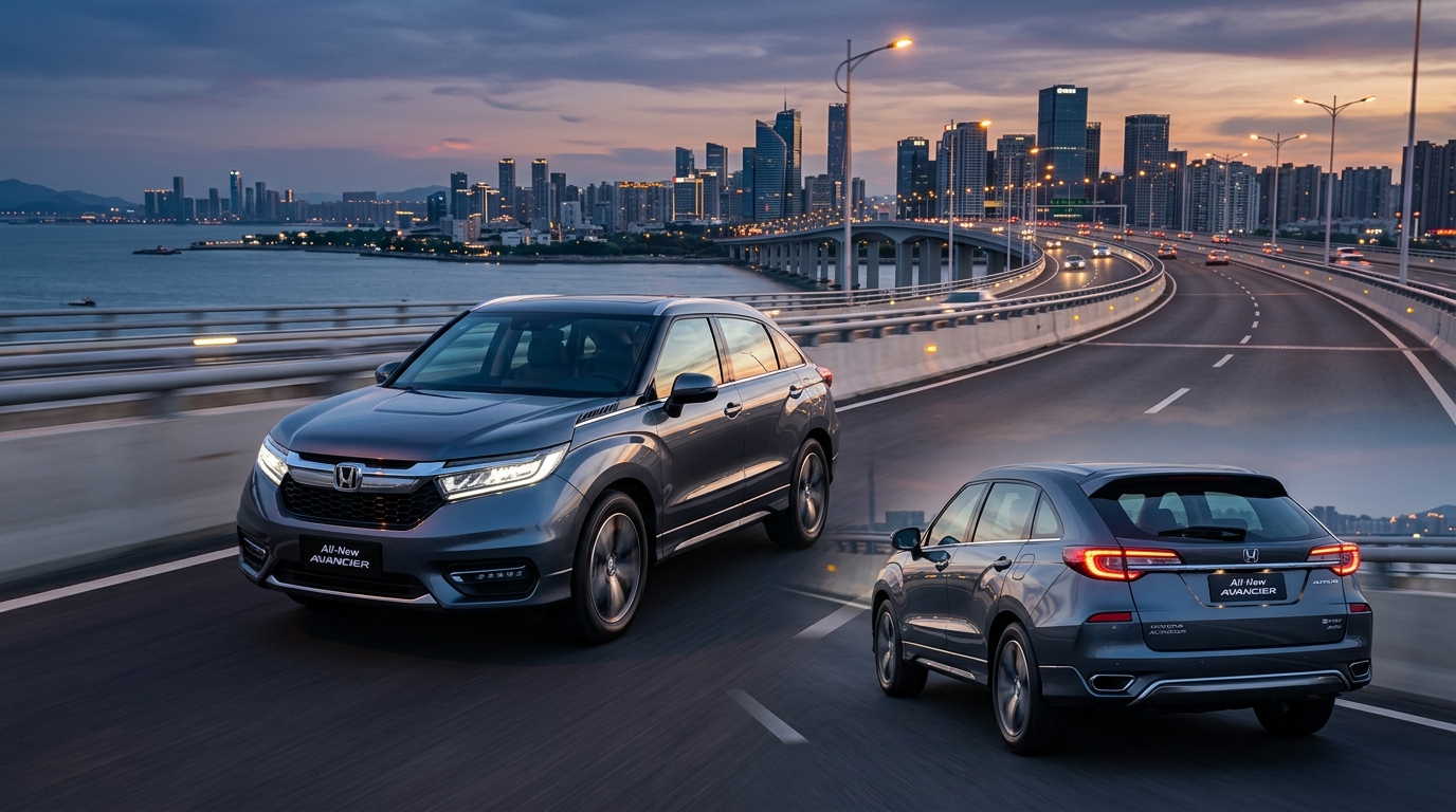 All-New Honda AVANCIER รถยนต์ครอสโอเวอร์คูเป้หรู สีเทาเมทัลลิก Sonic Gray กระจังหน้าหกเหลี่ยมทรงสปอร์ต แนวหลังคาลาดเอียง วิ่งบนสะพานยกระดับยามพลบค่ำ