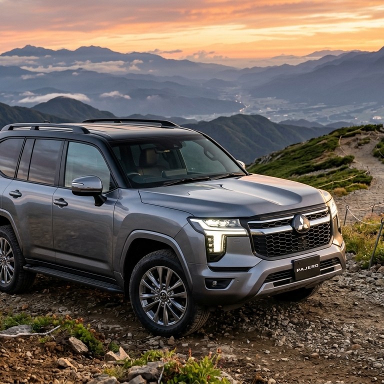 All-New Mitsubishi Pajero เจเนอเรชันที่ 5 สีเทากราไฟต์หลังคาดำทูโทน กระจังหน้าหกเหลี่ยมและไฟหน้า LED ทรง T-Shaped จอดสง่างามบนสันเขาประเทศญี่ปุ่นยามพระอาทิตย์ตกดิน
