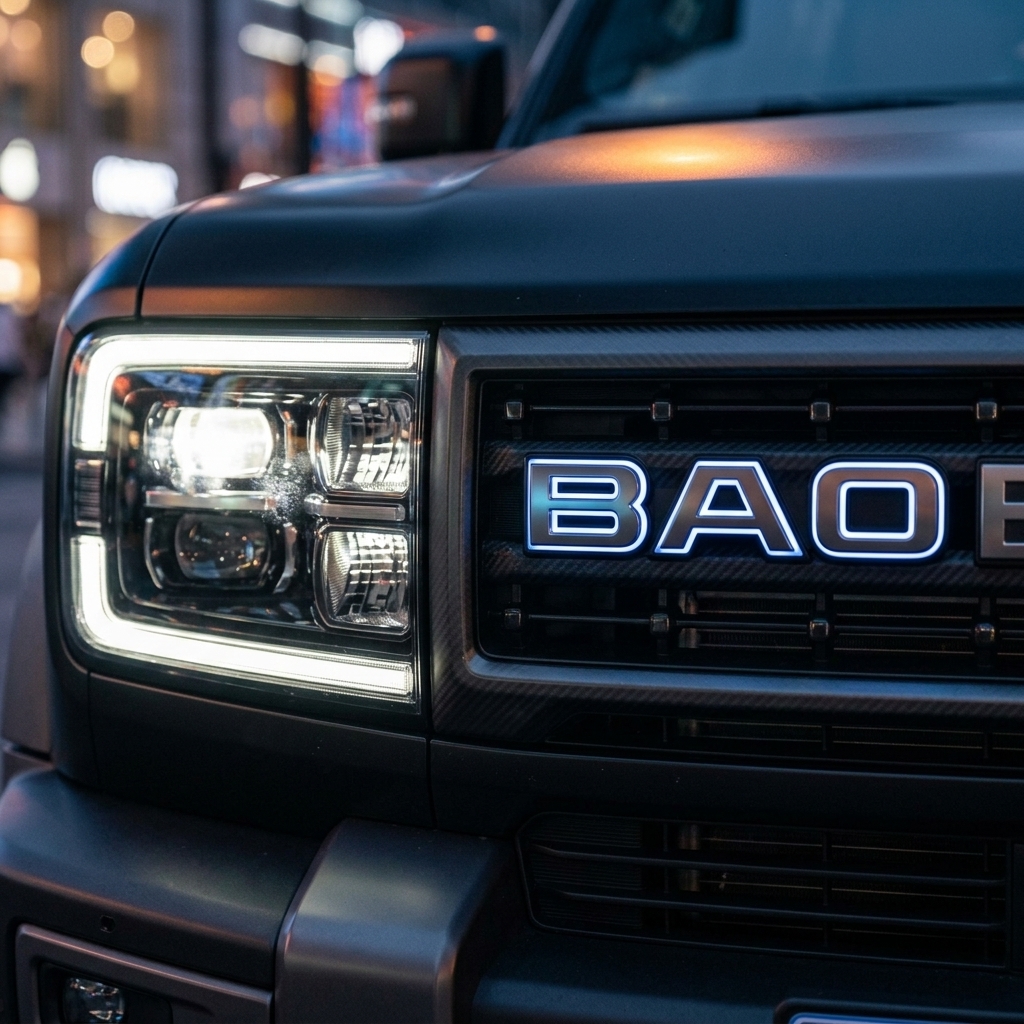 รถยนต์เอสยูวีสีดำแมตต์ดีไซน์ทรงกล่องรุ่น BYD Fang Cheng Bao Tai 7 กำลังขับขี่ผ่านสี่แยกกลางเมืองยามพลบค่ำ