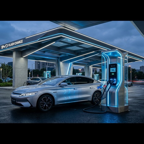 สถานีชาร์จรถยนต์ไฟฟ้ายุคใหม่ BYD Flash Charge ตู้จ่ายไฟดีไซน์ล้ำสมัยพร้อมสายชาร์จหล่อเย็นด้วยของเหลวกำลังเชื่อมต่อเข้ากับพอร์ตชาร์จของรถยนต์ไฟฟ้าหรู