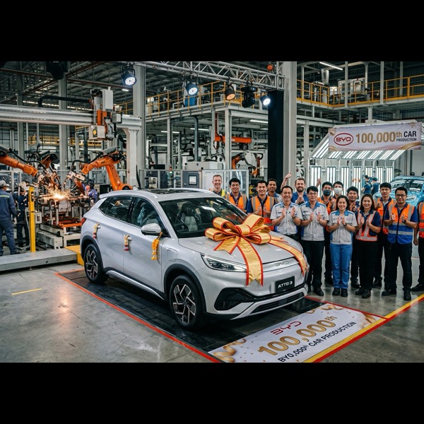 บรรยากาศพิธีเฉลิมฉลองการผลิตรถยนต์คันที่ 100,000 ณ โรงงาน BYD นิคมอุตสาหกรรม WHA ระยอง รถยนต์ไฟฟ้าสีบรอนซ์เงินผูกริบบิ้นทองท่ามกลางทีมวิศวกรและหุ่นยนต์แขนกลอุตสาหกรรม