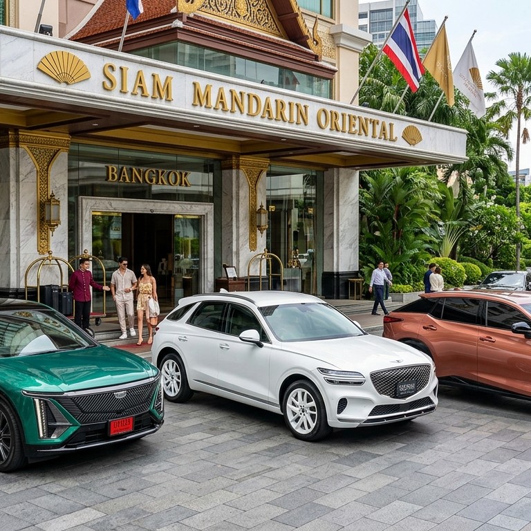 Cadillac Lyriq สีเขียวมรกต จอดเทียบกับ Genesis GV70 Electrified สีขาว และ Lexus RZ450e สีทองแดง ด้านหน้าโรงแรมหรู 5 ดาวในกรุงเทพฯ