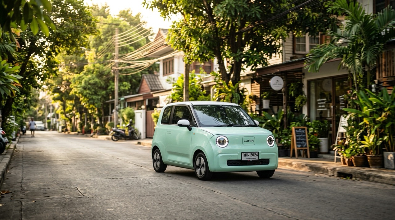 Changan Lumin รถยนต์ไฟฟ้าขนาดกะทัดรัดสีเขียวมิ้นต์ตัดหลังคาสีขาว ไฟหน้าตากลมโต ขับอย่างคล่องตัวบนถนนในซอยอารีย์ กรุงเทพมหานคร
