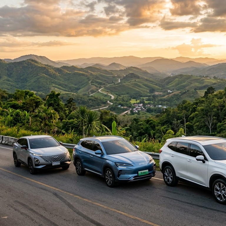Chery Omoda C9 สีเงิน, BYD Sealion 6 DM-i สีฟ้า และ Haval H6 PHEV สีขาว จอดเรียงกันบนถนนคดเคี้ยวบนยอดดอยในจังหวัดน่าน ท่ามกลางบรรยากาศภูเขาเขียวขจีช่วงแสงเย็น