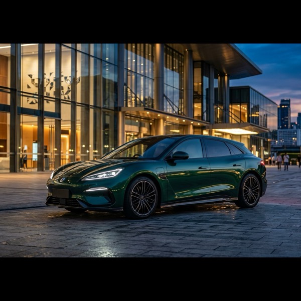 DENZA Z9GT รถสปอร์ตลักชัวรี Shooting Brake สีเขียวมรกตเข้ม จอดหน้าอาคารสถาปัตยกรรมกระจกหรูหราใจกลางกรุงเทพฯ ยามพลบค่ำ