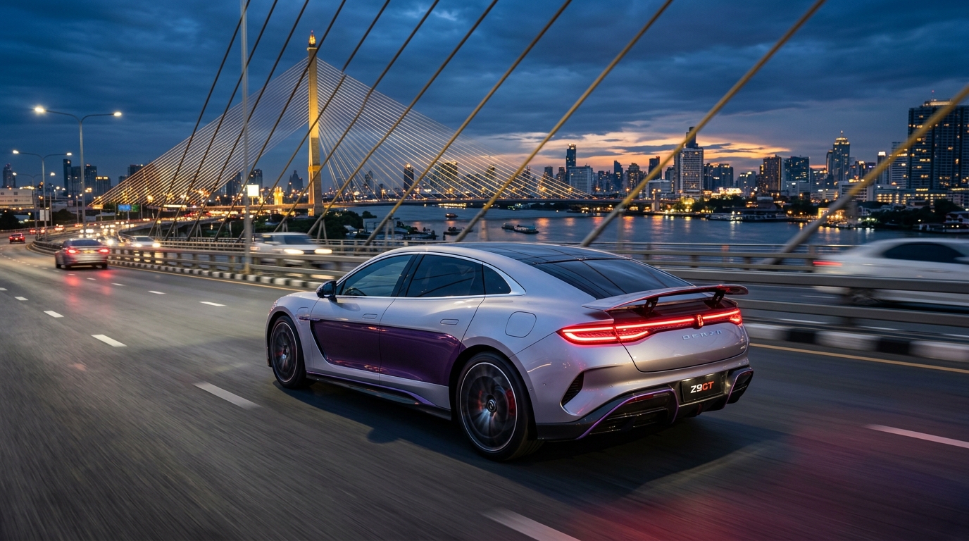 DENZA Z9GT รถสปอร์ตไฟฟ้าทรง Shooting Brake สีทูโทนเงินตัดม่วงอเมทิสต์ สปอยเลอร์หลังยกตัว วิ่งด้วยความเร็วสูงบนสะพานแขวนข้ามแม่น้ำเจ้าพระยายามพลบค่ำ