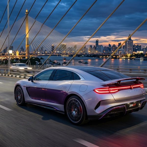 DENZA Z9GT รถสปอร์ตไฟฟ้าทรง Shooting Brake สีทูโทนเงินตัดม่วงอเมทิสต์ สปอยเลอร์หลังยกตัว วิ่งด้วยความเร็วสูงบนสะพานแขวนข้ามแม่น้ำเจ้าพระยายามพลบค่ำ