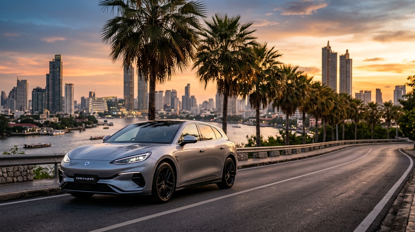 รถสปอร์ตไฟฟ้าสีเงินเทา Denza Z9GT ดีไซน์สไตล์ Shooting Brake จอดเด่นอยู่บนถนนโค้งเลียบแม่น้ำเจ้าพระยา กรุงเทพมหานคร ช่วงพระอาทิตย์ตกดิน