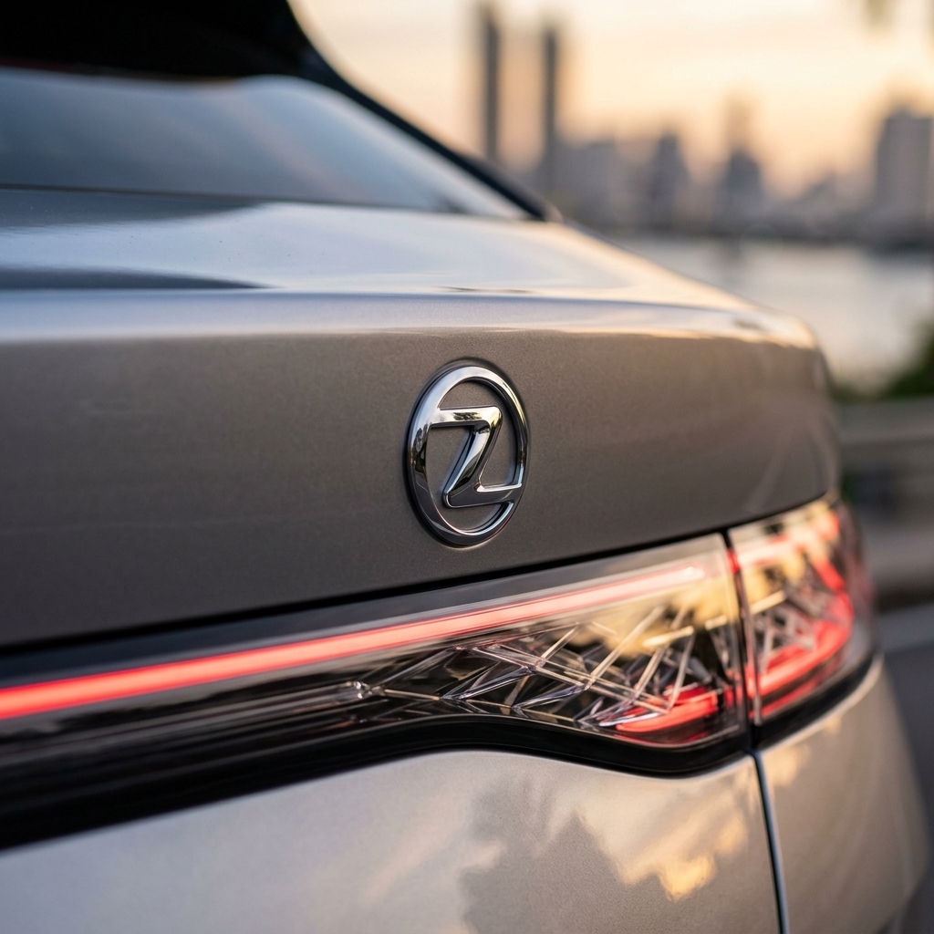 รถสปอร์ตไฟฟ้าสีเงินเทา Denza Z9GT ดีไซน์สไตล์ Shooting Brake จอดเด่นอยู่บนถนนโค้งเลียบแม่น้ำเจ้าพระยา กรุงเทพมหานคร ช่วงพระอาทิตย์ตกดิน
