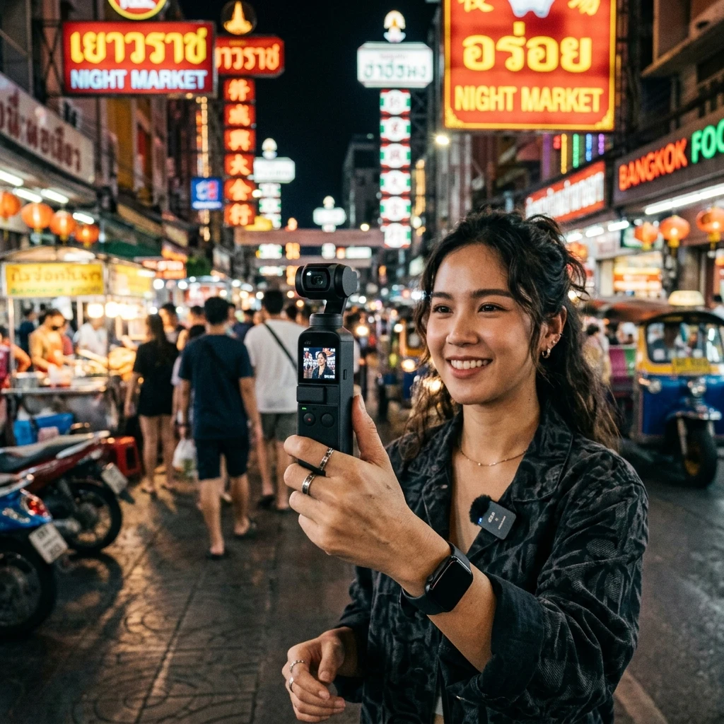ครีเอเตอร์วิดีโอกำลังถือกล้อง pocket gimbal ขนาดเล็ก Vlogging ถ่ายตัวเองในย่านเยาวราชที่มีสีสันสดใสในกรุงเทพฯ