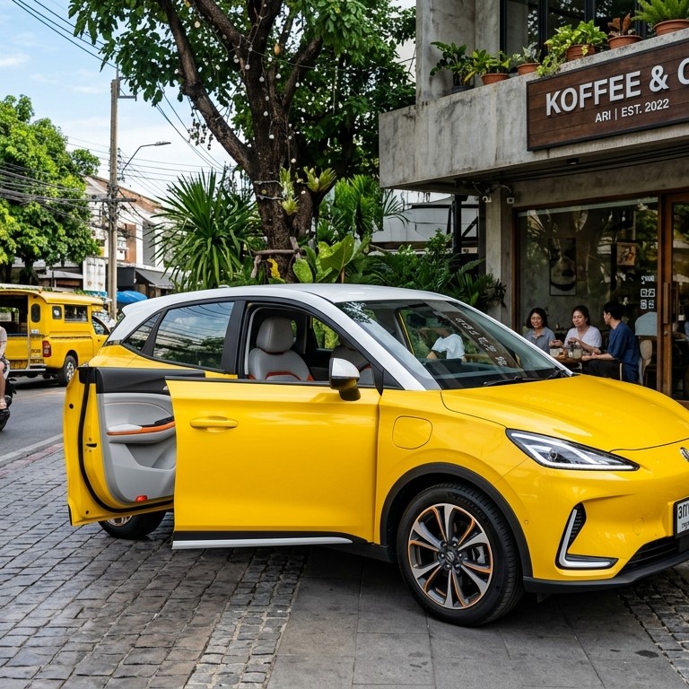 Dongfeng Nammi 01 สีเหลืองหลังคาขาวแบบทูโทน ประตูไร้กรอบเปิดอ้า จอดหน้าร้านกาแฟสไตล์มินิมอลในย่านอารีย์ กรุงเทพฯ