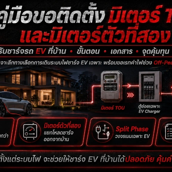 กราฟิกจำลองการทำงานของมิเตอร์ไฟฟ้าตัวที่สอง (Split Phase) และตู้ควบคุมเครื่องชาร์จ Wallbox ข้างรถยนต์ไฟฟ้าในบ้านโมเดิร์น