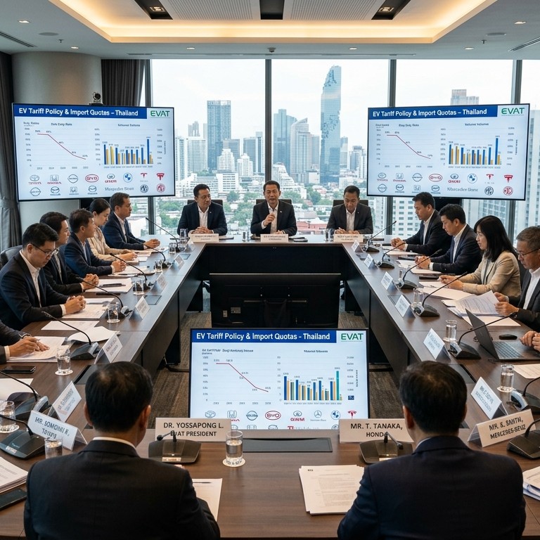 ภาพการประชุมระดับผู้บริหารระหว่างสมาคมยานยนต์ไฟฟ้าไทย EVAT และตัวแทน 19 ค่ายรถยนต์ชั้นนำ ณ กรุงเทพฯ กำลังพิจารณาเอกสารข้อเสนอนโยบายโควตาภาษีนำเข้ารถยนต์ไฟฟ้า BEV