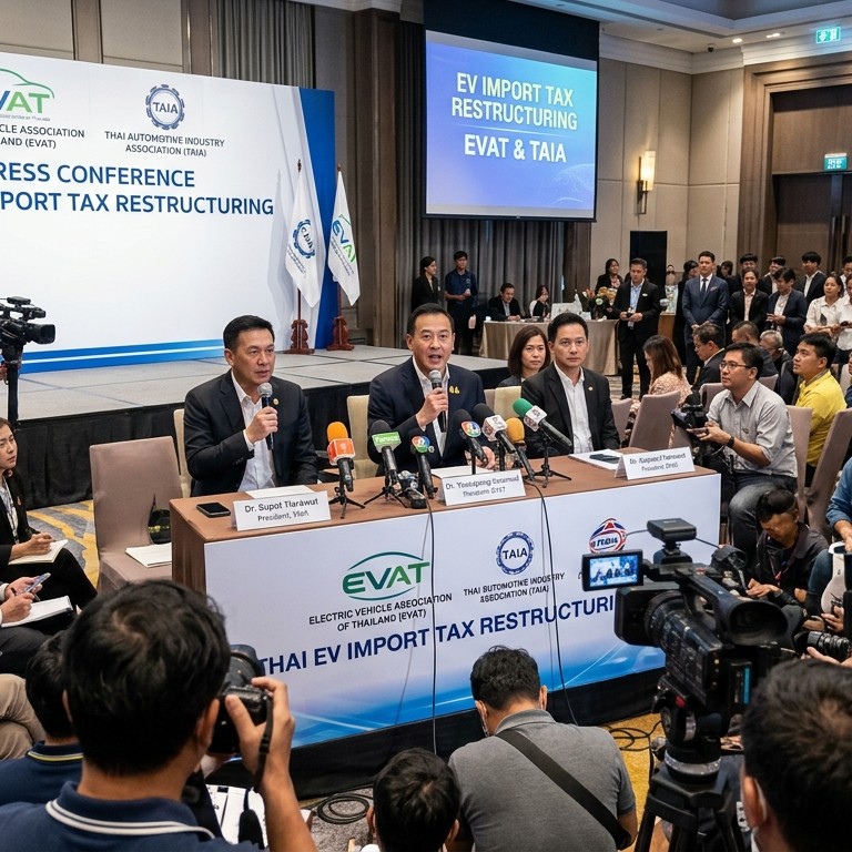 ผู้บริหารสมาคมยานยนต์ไฟฟ้าไทย EVAT และสมาคมอุตสาหกรรมยานยนต์ไทย TAIA ร่วมแถลงข่าวต่อสื่อมวลชน ณ กรุงเทพฯ
