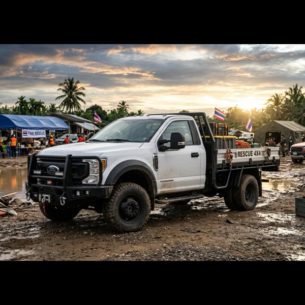 Ford Ranger SUPER DUTY สีขาว ติดตั้งกันชนหน้าเหล็กออฟโรดพร้อมวินช์ลากจูง จอดพร้อมปฏิบัติงานในพื้นที่กู้ภัยอุทกภัยฉุกเฉินในประเทศไทย