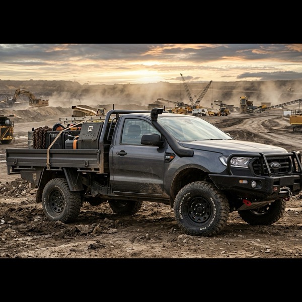 ภาพรถกระบะหัวเดี่ยวแชสซีส์ Ford Ranger Super Duty สีเทาเข้ม เสริมกันชนหน้าเหล็กกล้าและยางออฟโรดขนาดใหญ่ จอดกลางไซต์งานเหมืองแร่อย่างบึกบึน
