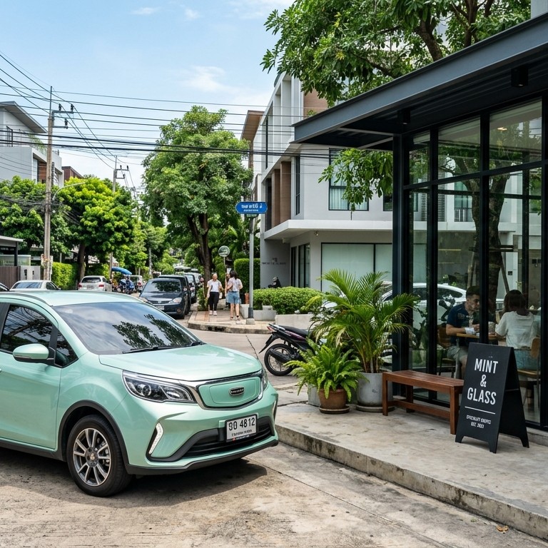 Geely EX2 (Xingyuan) สีเขียวพาสเทลมินต์ รถยนต์ไฟฟ้าแฮทช์แบ็ก 5 ประตู จอดหน้าคาเฟ่กระจกมินิมอลในย่านอารีย์ กรุงเทพฯ ท่ามกลางแสงแดดธรรมชาติ