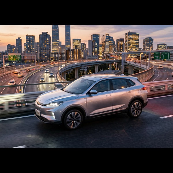 Geely EX5 รถยนต์ไฟฟ้าคอมแพกต์เอสยูวี สีเงิน Glacier Silver ขับเคลื่อนอย่างนุ่มนวลบนทางด่วนลอยฟ้าใจกลางเมืองหลวงยามพลบค่ำ