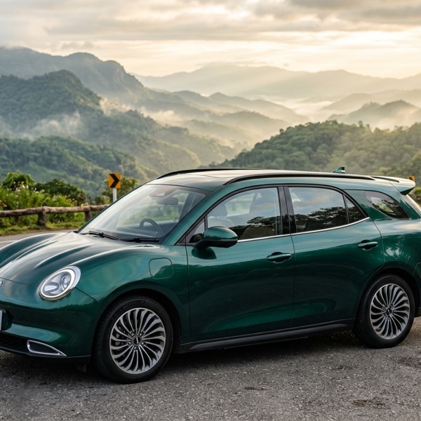 GWM ORA 5 Wagon รถยนต์สเตชันวากอนทรงสปอร์ตสีเขียวเมทัลลิก จอดชมวิวภูเขาสวยงามยามเช้าในภาคเหนือของไทย สะท้อนไลฟ์สไตล์การเดินทางท่องเที่ยวแบบครอบครัว