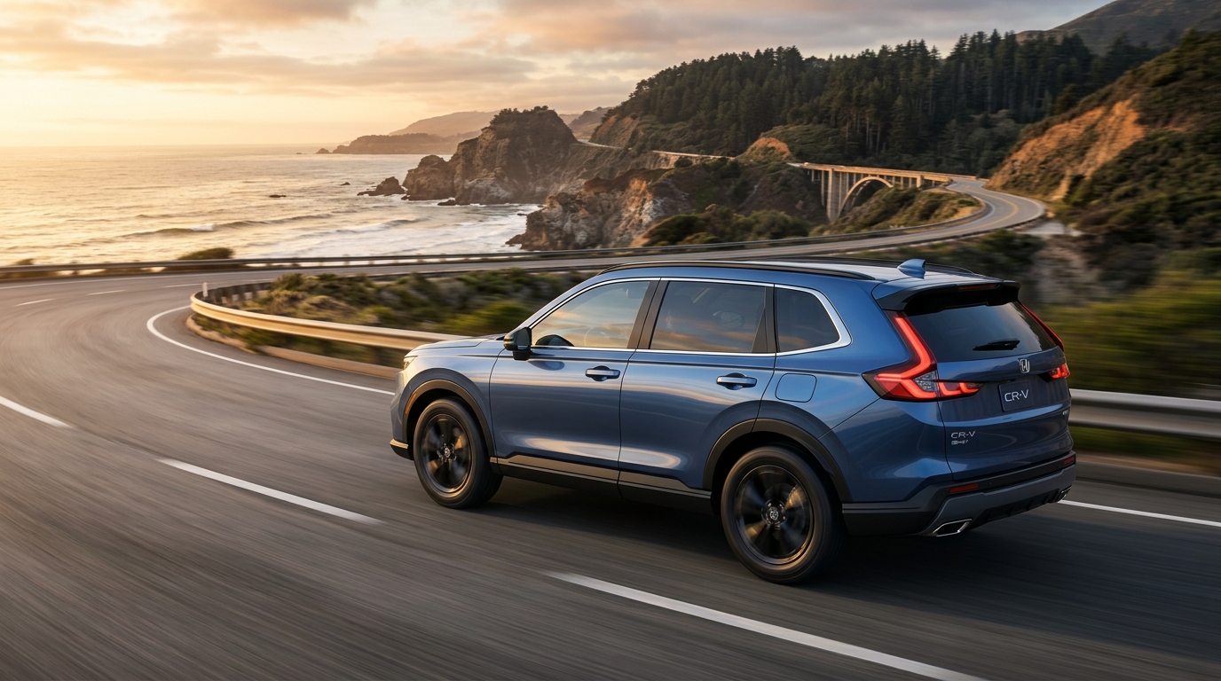 รถยนต์เอสยูวี Honda CR-V e:HEV สีน้ำเงินเมทัลลิกกำลังวิ่งบนถนนเลียบชายฝั่ง