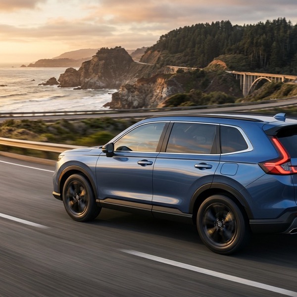 รถยนต์เอสยูวี Honda CR-V e:HEV สีน้ำเงินเมทัลลิกกำลังวิ่งบนถนนเลียบชายฝั่ง