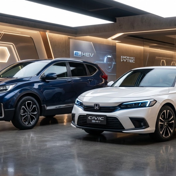 รถยนต์ Honda Civic และ CR-V ในโชว์รูมสตูดิโอหรูหรา สะท้อนการเปลี่ยนผ่านด้านภาพลักษณ์จากตราสัญลักษณ์ e:HEV สู่ชื่อ Honda Hybrid ยุคใหม่