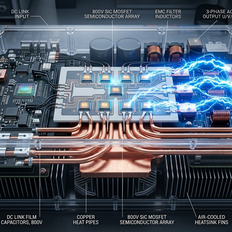 ภาพโมดูลอินเวอร์เตอร์ Silicon Carbide 800V โปร่งใสพร้อมชิปเซมิคอนดักเตอร์และประกายไฟสายฟ้าแรงดันสูง