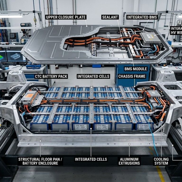 ภาพผังวิศวกรรม 3 มิติแสดงเซลล์แบตเตอรี่แบบ Cell-to-Chassis CTC ฝังรวมเป็นส่วนหนึ่งของพื้นตัวถังแชสซีส์รถยนต์ไฟฟ้า