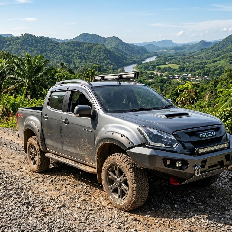 Isuzu D-Max V-Cross 4x4 สีเทากันเมทัล รถกระบะขุมพลังใหม่ 2.2 Ddi MAXFORCE จอดบนเส้นทางกรวดลูกรังในจังหวัดกาญจนบุรี ท่ามกลางฉากหลังเทือกเขาเขียวชอุ่ม