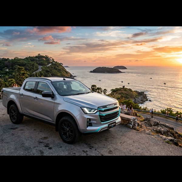 Isuzu D-Max EV กระบะไฟฟ้าล้วนสีเงินพร้อมแถบตกแต่งสีฟ้าไซยาน จอดบนจุดชมวิวแหลมพรหมเทพ จ.ภูเก็ต หันหน้ามองทะเลอันดามันยามเย็น