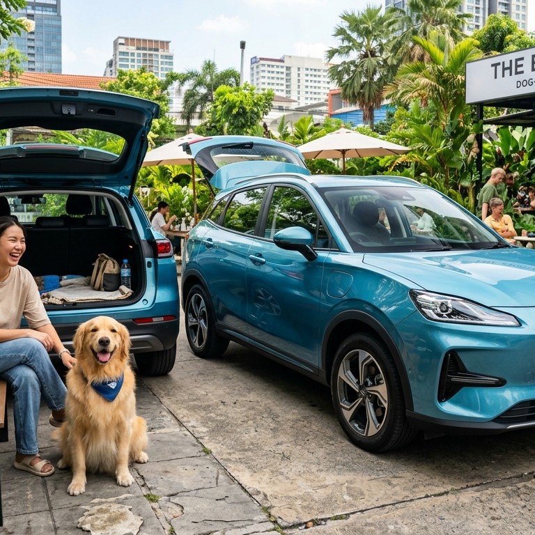 Jaecoo 5 EV สีฟ้าเทอร์ควอยซ์ จอดที่คาเฟ่สุนัขในกรุงเทพฯ โดยมีสุนัขโกลเด้นและเจ้าของนั่งเล่นข้างฝาท้ายที่เปิดกว้าง