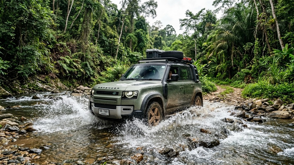 รถยนต์ไฟฟ้า Defender EV โดย Jaguar Land Rover ลุยลำธารในป่าประเทศไทย
