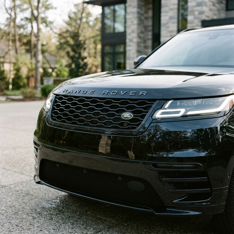 รถยนต์ไฟฟ้า Range Rover Electric สีดำขับผ่านถนนเส้นทางหิมะ