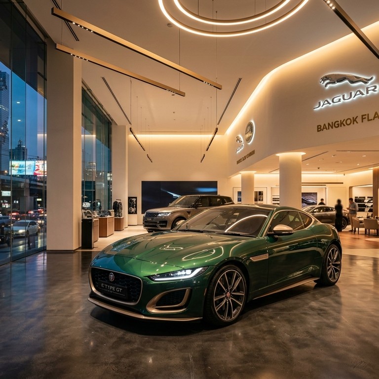 Jaguar GT EV สปอร์ตคูเป้ไฟฟ้าหรูหราสีเขียวบริติชเรซซิ่งกรีนจอดเด่นในโชว์รูม Jaguar Land Rover กรุงเทพฯ