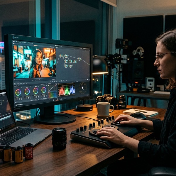 โต๊ะทำงานแต่งสีวิดีโอ DaVinci Resolve บนหน้าจอ Mac พร้อมปลั๊กอินจำลองโทนสีฟิล์ม