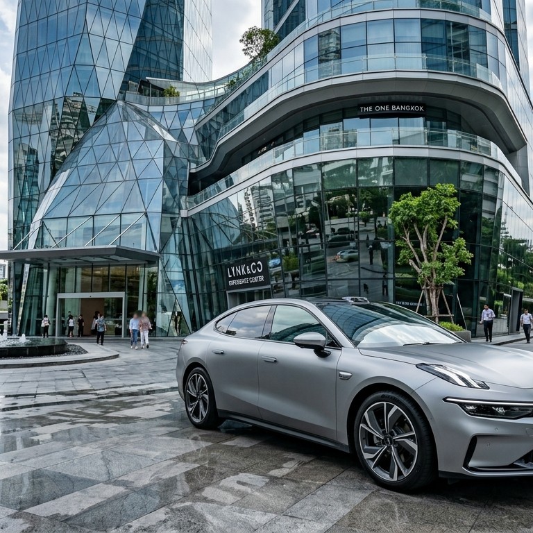 Lynk & Co Z10 ซีดานไฟฟ้าสีเทาแมตต์ทรงสปอร์ตล้ำยุคจอดด้านนอกอาคารกระจกไฮเทคใจกลางกรุงเทพฯ