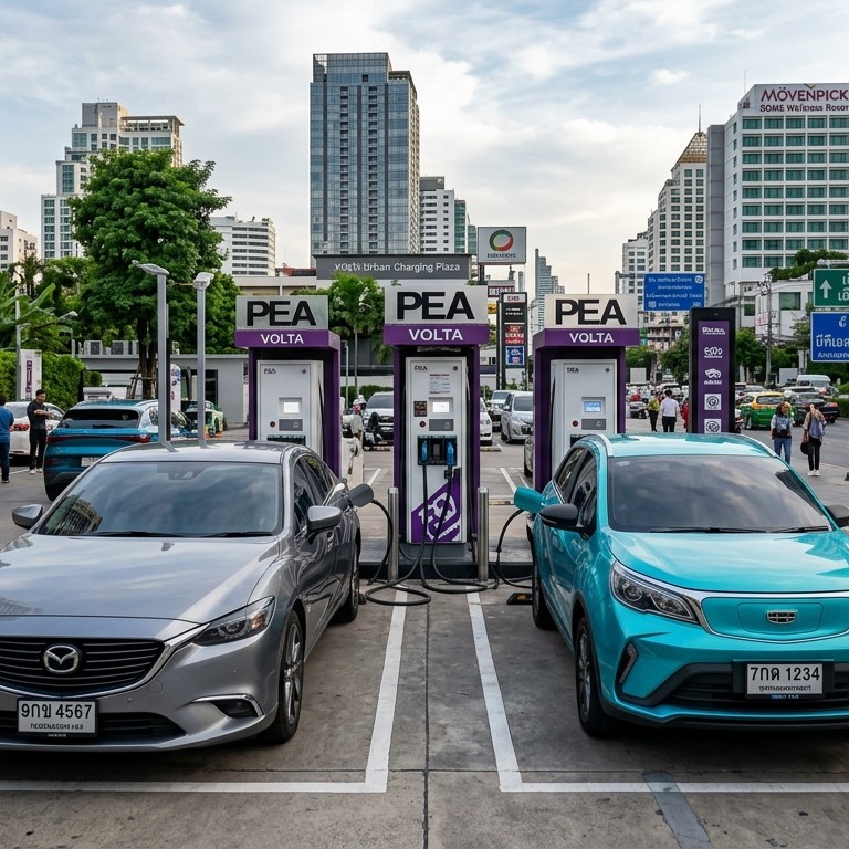 Mazda 6e สีเทาเมทัลลิกจอดชาร์จไฟคู่กับ Geely EX2 สีฟ้าเทอร์ควอยซ์ ณ สถานีชาร์จกลางกรุงเทพฯ