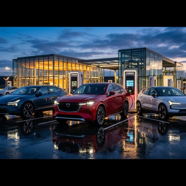 Mazda CX-6e จอดเทียบเคียงคู่แข่งเอสยูวีไฟฟ้าทรงสปอร์ต ณ สถานีชาร์จความเร็วสูงยามพลบค่ำ