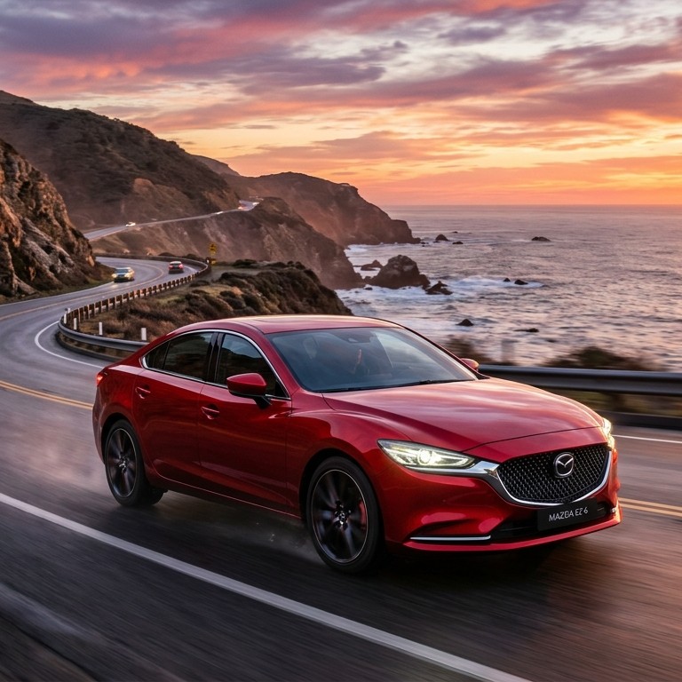 Mazda EZ-6 เก๋งไฟฟ้าสปอร์ตสีแดง Soul Red กำลังขับเคลื่อนบนถนนเลียบชายหาด