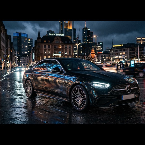 Mercedes-Benz C 300 4MATIC Electric สีดำด้านเงางามสไตล์คูเป้ จอดบนถนนเปียกยามค่ำคืนใจกลางมหานครแฟรงก์เฟิร์ต เผยกระจังหน้าเรืองแสงลายดาวสามแฉกอันโดดเด่น