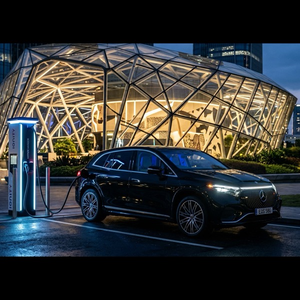 ภาพรถยนต์ไฟฟ้าพรีเมียมเอสยูวี Mercedes-Benz GLC Electric สีดำเงา Obsidian Black จอดเสียบชาร์จกับตู้ชาร์จความเร็วสูง 800V หน้าอาคารกระจกสุดหรูยามค่ำคืน