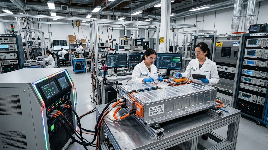 วิศวกรหญิงกำลังตรวจสอบแพกแบตเตอรี่ Solid-State รุ่นใหม่ในห้องปฏิบัติการวิจัยพัฒนา