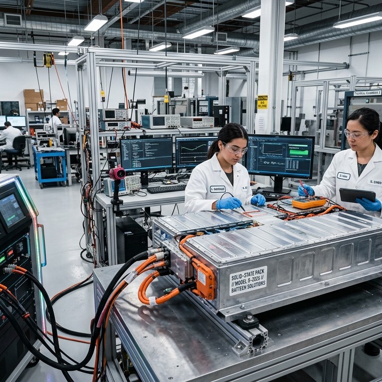 วิศวกรหญิงกำลังตรวจสอบแพกแบตเตอรี่ Solid-State รุ่นใหม่ในห้องปฏิบัติการวิจัยพัฒนา