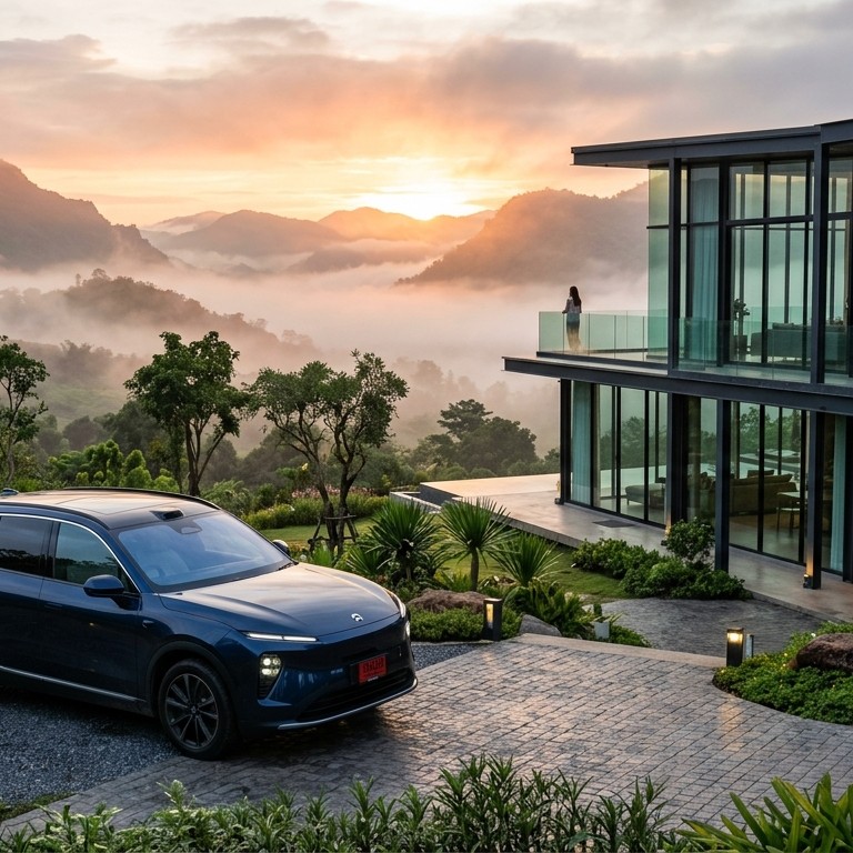 Nio EL8 สีน้ำเงินมิดไนท์บลู เอสยูวีไฟฟ้า 6 ที่นั่งระดับอัลตราลักชัวรี จอดหน้าวิลล่ากระจกหรูบนเขาใหญ่ ท่ามกลางหมอกยามเช้าและแสงอาทิตย์สีทอง