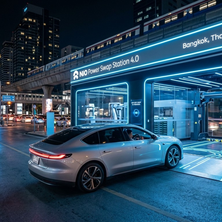 Nio ET9 กำลังขับเข้าสถานีสลับแบตเตอรี่อัตโนมัติ Nio Power Swap Station 4.0 ในกรุงเทพฯ