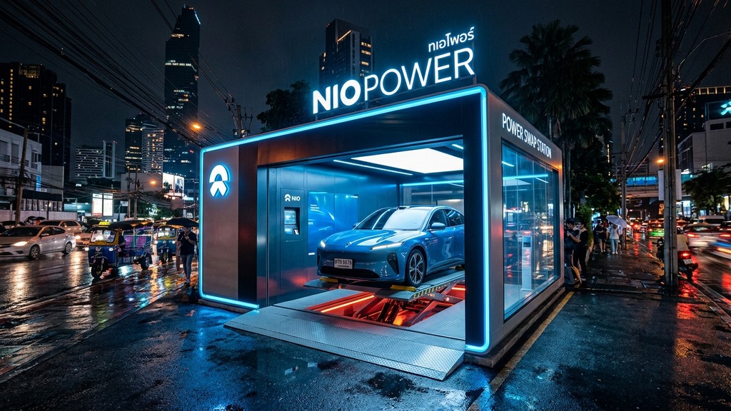 สถานีสลับแบตเตอรี่ Nio Power Swap Station 4.0 ตอนกลางคืนในกรุงเทพฯ