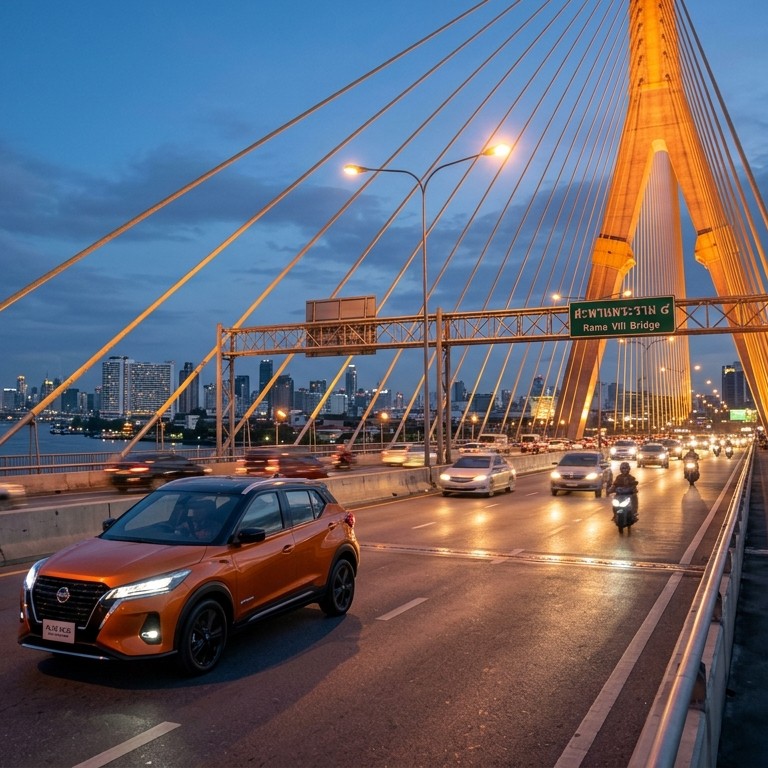 Nissan KICKS e-POWER สีส้มทูโทนหลังคาดำ กำลังขับเคลื่อนบนสะพานพระราม 8 กรุงเทพฯ ในช่วงเวลาทไวไลท์ แสงไฟสะพานส่องสว่างสะท้อนตัวถังพรีเมียม